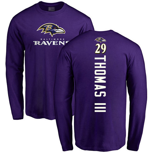 Men Baltimore Ravens Purple Earl Thomas III Backer NFL Football #29 Long Sleeve T Shirt